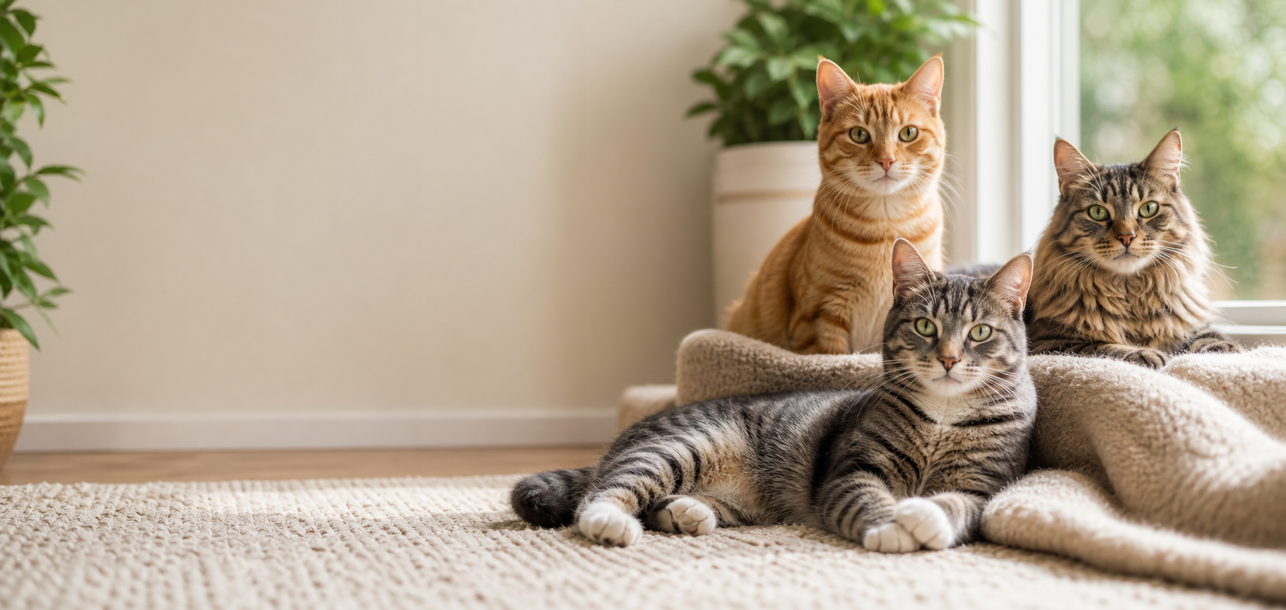 Three relaxed cats lounging in warm window light